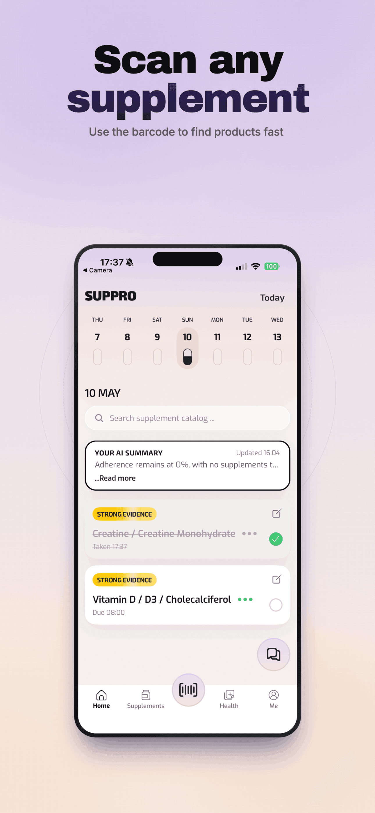 Suppro App Store poster showing supplement scan and search.