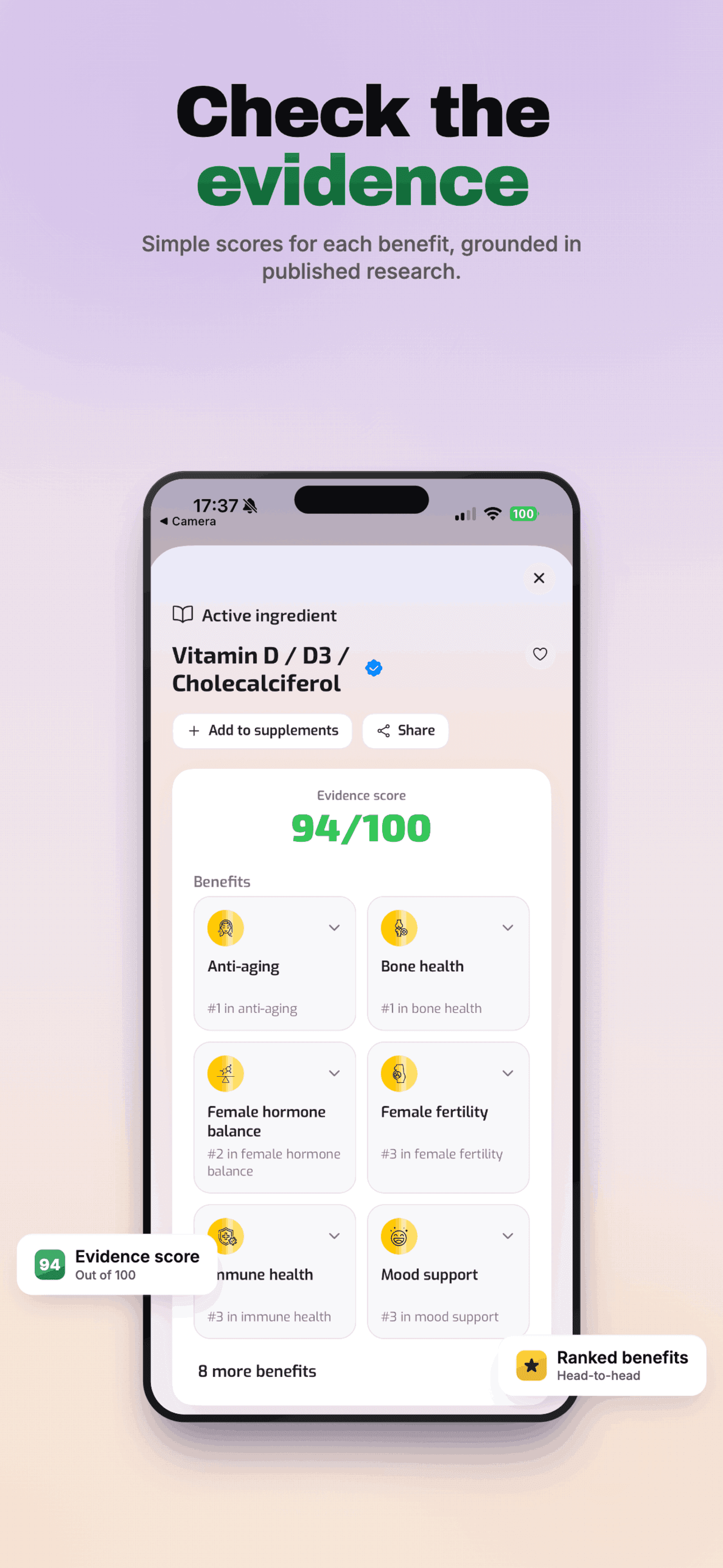 Suppro App Store poster showing evidence score and ranked benefits for vitamin D.