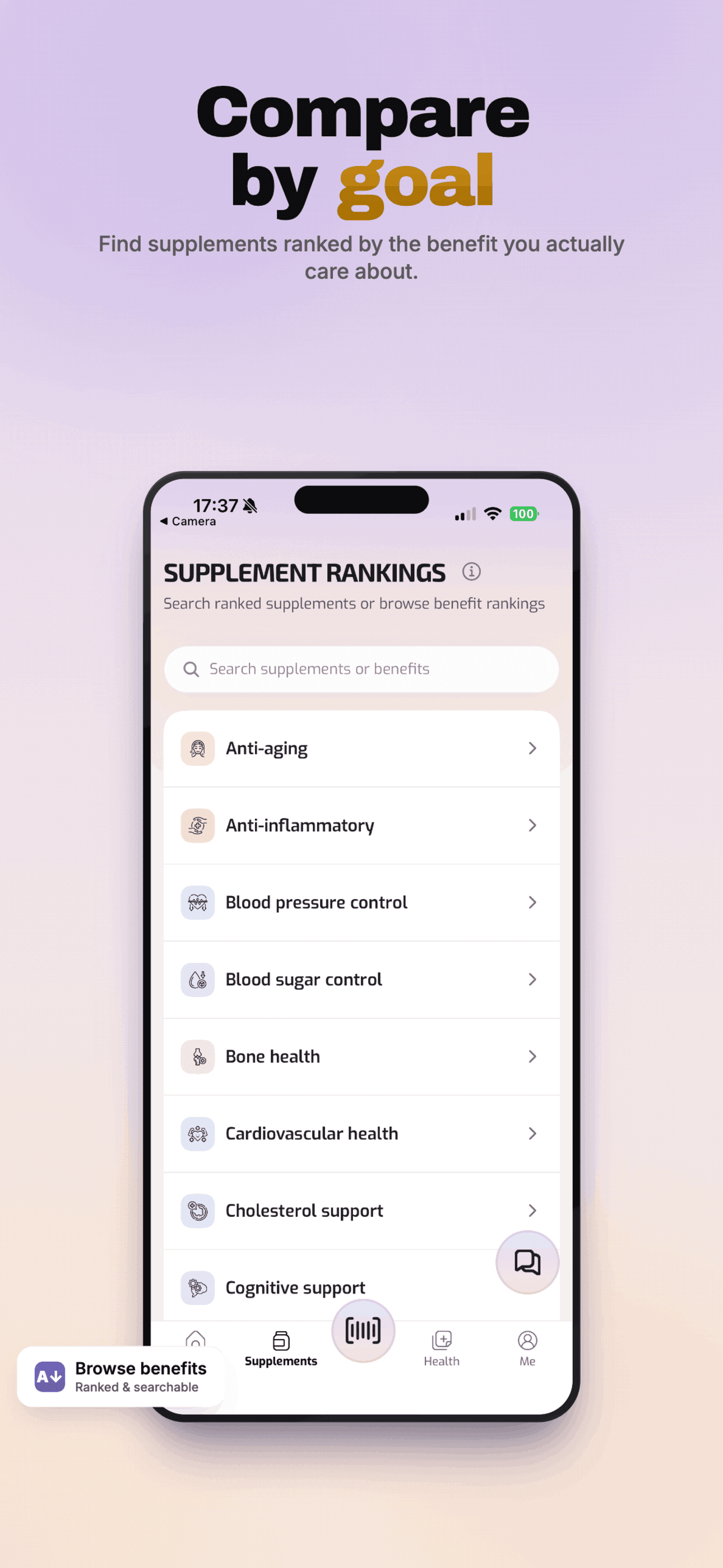Suppro App Store poster showing goal-based supplement rankings.